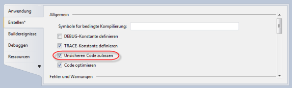 Unsicheren Code im Visual Studio aktivieren